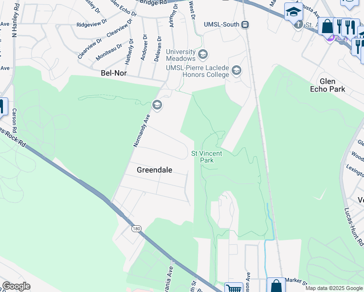 map of restaurants, bars, coffee shops, grocery stores, and more near 64 Greendale Drive in St. Louis