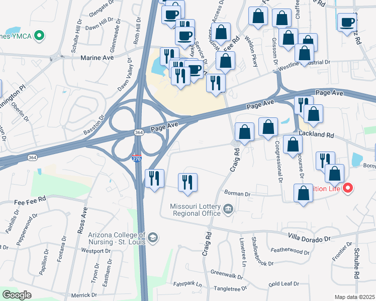 map of restaurants, bars, coffee shops, grocery stores, and more near 12160 Lackland Rd in St Louis