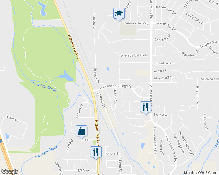 map of restaurants, bars, coffee shops, grocery stores, and more near 303 Comanche Village Dr in Fountain