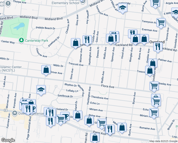 map of restaurants, bars, coffee shops, grocery stores, and more near 2234 Huntington Avenue in Overland