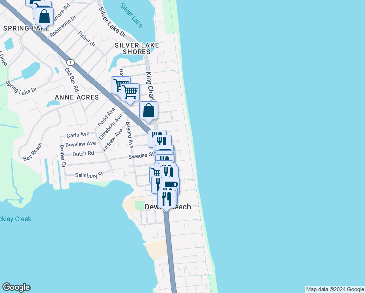 map of restaurants, bars, coffee shops, grocery stores, and more near 1 Swedes Street in Dewey Beach