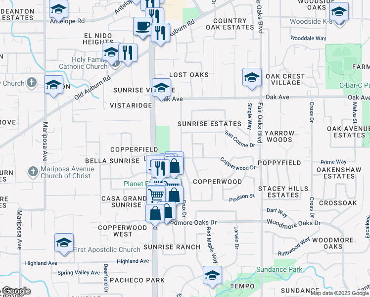 map of restaurants, bars, coffee shops, grocery stores, and more near 7228 Canelo Hills Drive in Citrus Heights