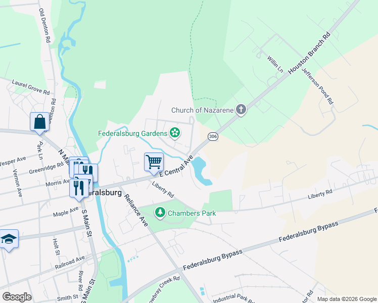 map of restaurants, bars, coffee shops, grocery stores, and more near 107 Houston Branch Road in Federalsburg