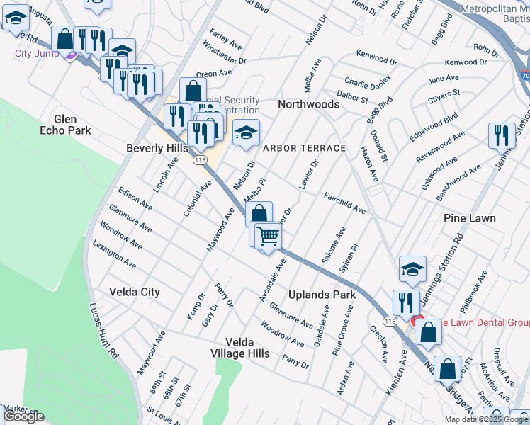 map of restaurants, bars, coffee shops, grocery stores, and more near 6825 Natural Bridge Road in St. Louis