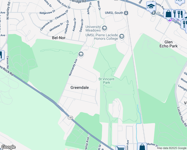 map of restaurants, bars, coffee shops, grocery stores, and more near 64 Greendale Drive in St. Louis