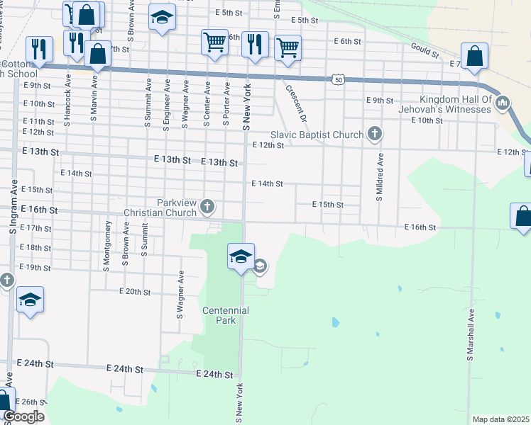 map of restaurants, bars, coffee shops, grocery stores, and more near 1601-1799 East 16th Street in Sedalia