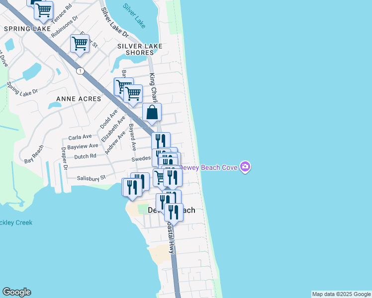 map of restaurants, bars, coffee shops, grocery stores, and more near 1 Swedes Street in Dewey Beach