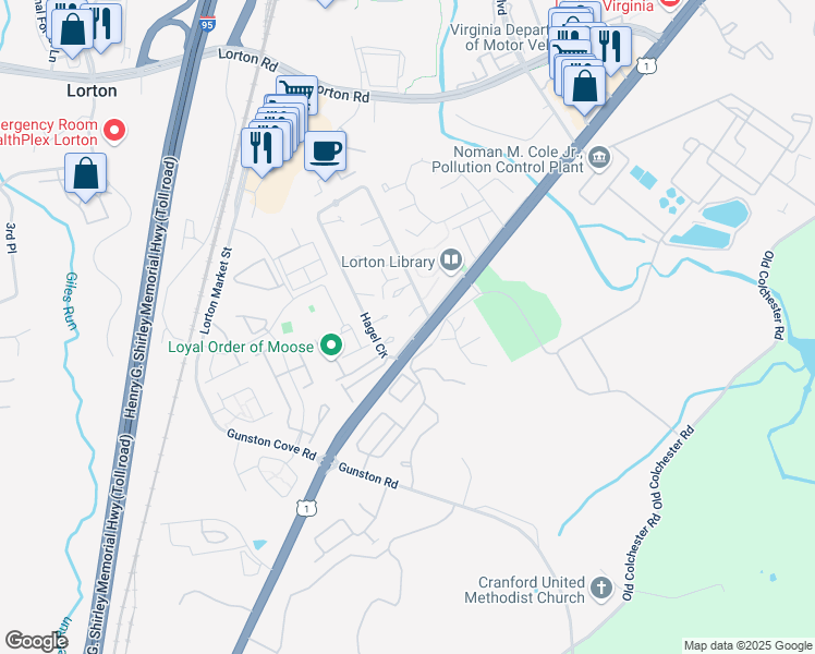 map of restaurants, bars, coffee shops, grocery stores, and more near 9518 Hagel Circle in Lorton