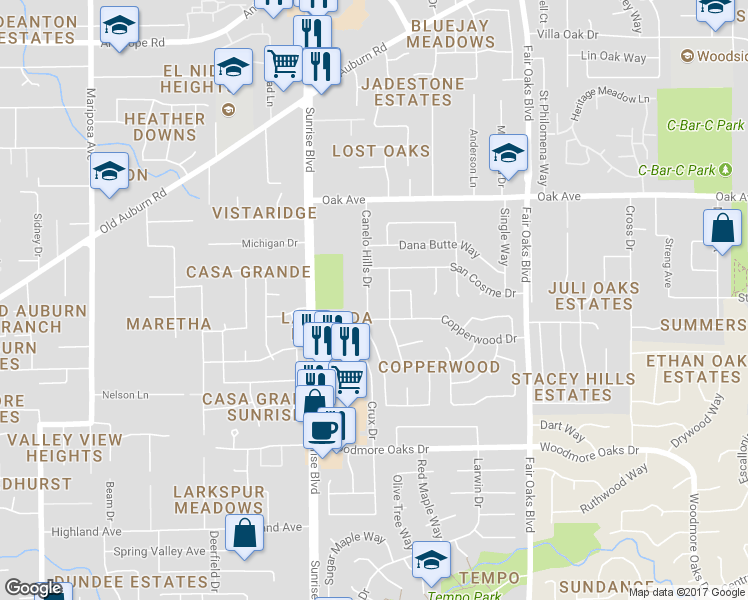 map of restaurants, bars, coffee shops, grocery stores, and more near 7228 Canelo Hills Drive in Citrus Heights