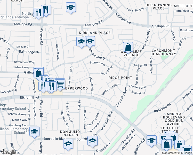 map of restaurants, bars, coffee shops, grocery stores, and more near 4713 Boylston Court in Sacramento