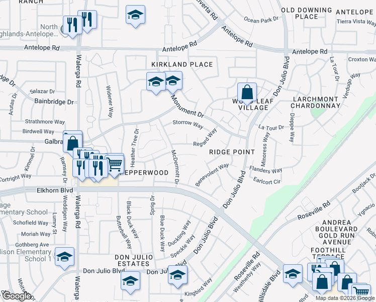map of restaurants, bars, coffee shops, grocery stores, and more near 4713 Boylston Court in Sacramento