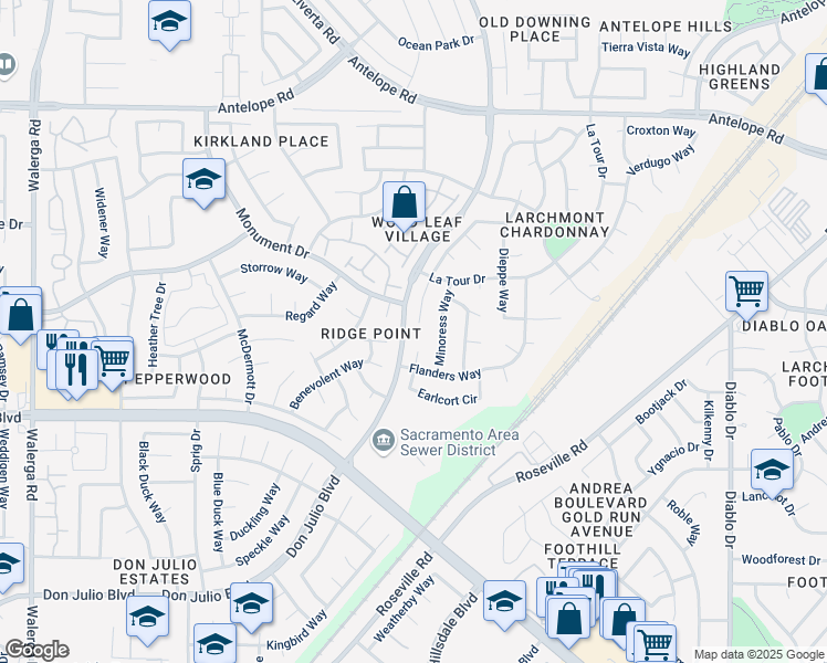 map of restaurants, bars, coffee shops, grocery stores, and more near 7200 Old Nave Court in Sacramento