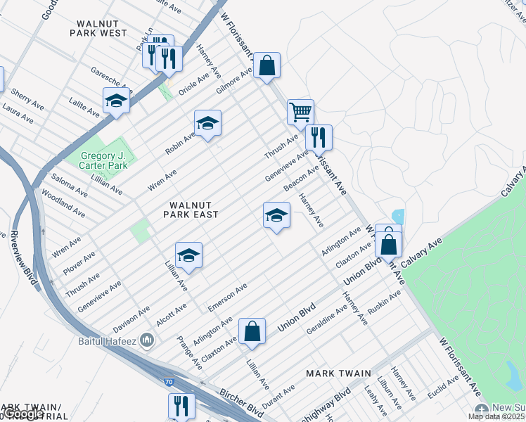 map of restaurants, bars, coffee shops, grocery stores, and more near 5432 Beacon Avenue in St. Louis