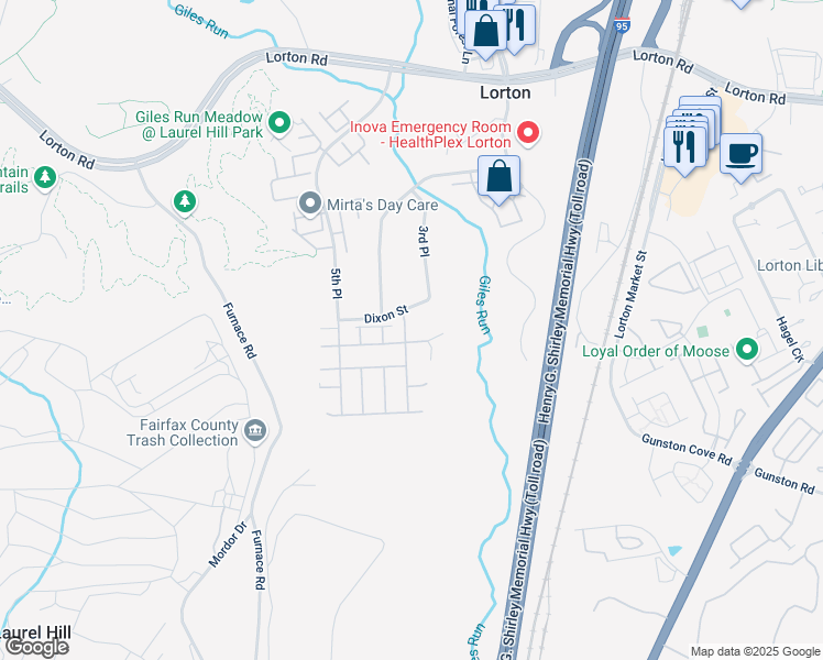 map of restaurants, bars, coffee shops, grocery stores, and more near 9607 Sloway Coast Drive in Lorton