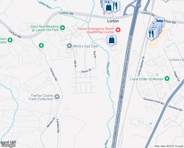 map of restaurants, bars, coffee shops, grocery stores, and more near 9607 Sloway Coast Drive in Lorton