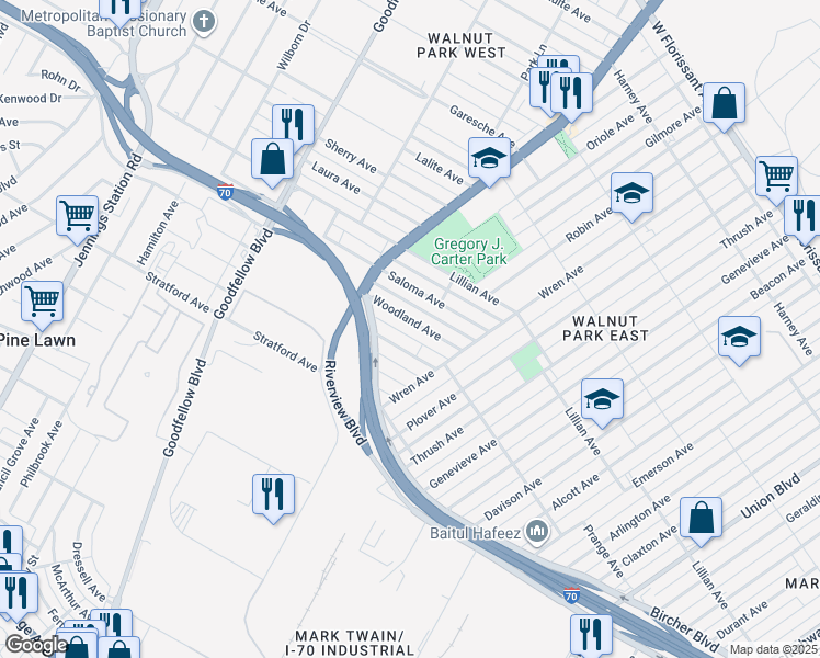 map of restaurants, bars, coffee shops, grocery stores, and more near 5741 Woodland Avenue in St. Louis
