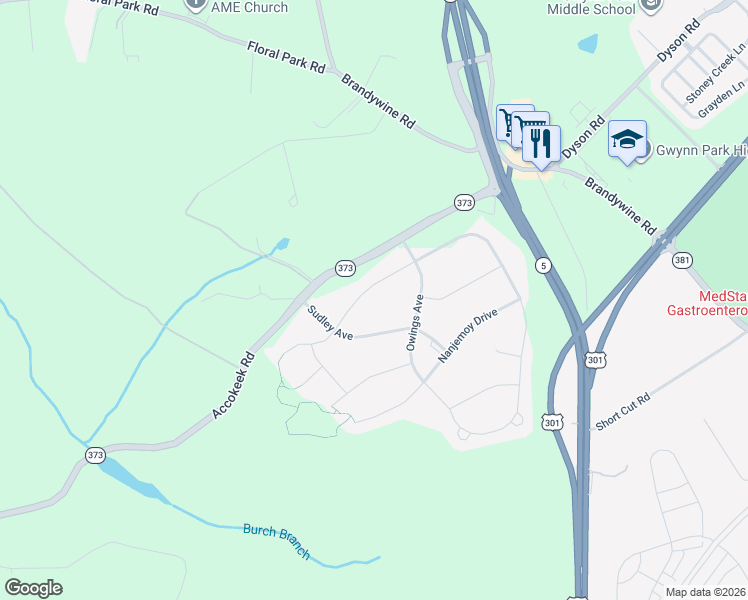 map of restaurants, bars, coffee shops, grocery stores, and more near 7209 Colmar Manor Way in Brandywine