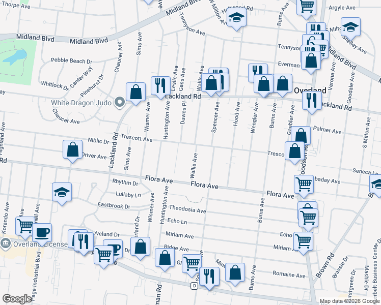 map of restaurants, bars, coffee shops, grocery stores, and more near 2229 Wallis Avenue in Overland