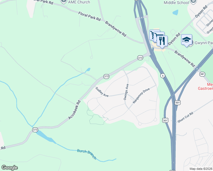 map of restaurants, bars, coffee shops, grocery stores, and more near 7204 Colmar Manor Way in Brandywine