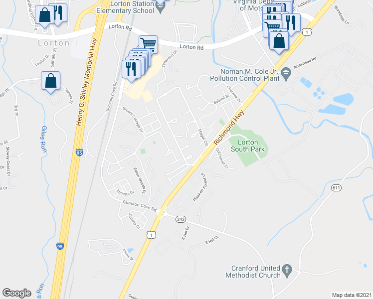 map of restaurants, bars, coffee shops, grocery stores, and more near 9878 Hagel Circle in Lorton