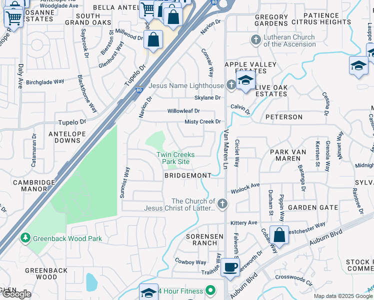 map of restaurants, bars, coffee shops, grocery stores, and more near 7201 Starflower Drive in Citrus Heights