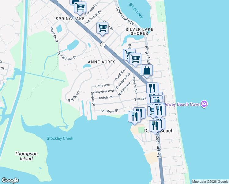 map of restaurants, bars, coffee shops, grocery stores, and more near 300 Bayview Avenue in Rehoboth Beach