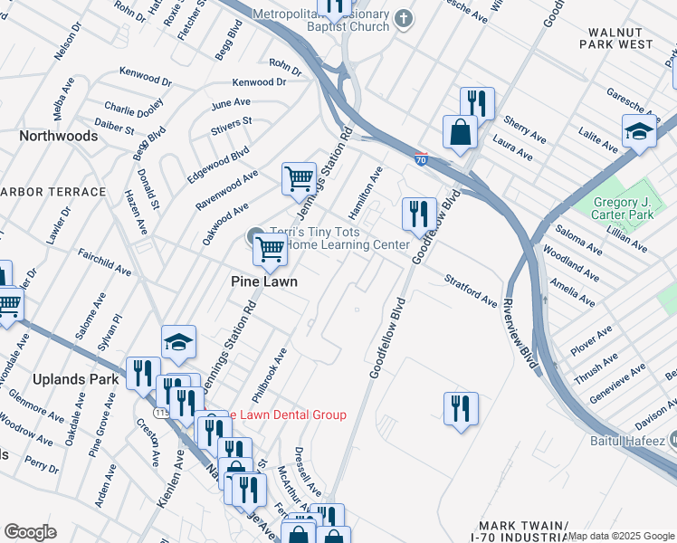 map of restaurants, bars, coffee shops, grocery stores, and more near 4202 Peyton Lane in St. Louis