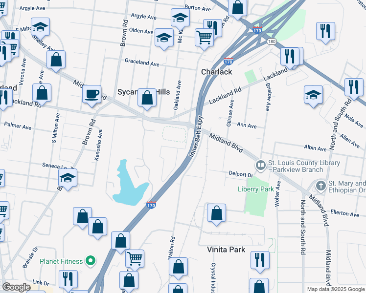 map of restaurants, bars, coffee shops, grocery stores, and more near 8601 Walton Road in Overland