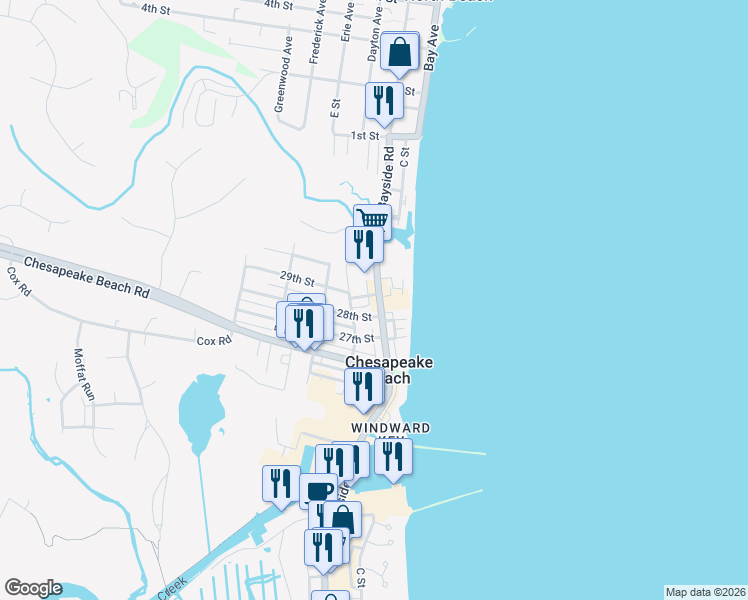 map of restaurants, bars, coffee shops, grocery stores, and more near 8328 Bayside Road in Chesapeake Beach