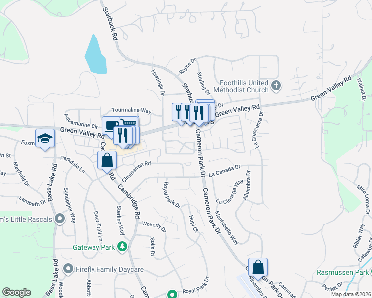 map of restaurants, bars, coffee shops, grocery stores, and more near 2314 Winterhaven Drive in Cameron Park
