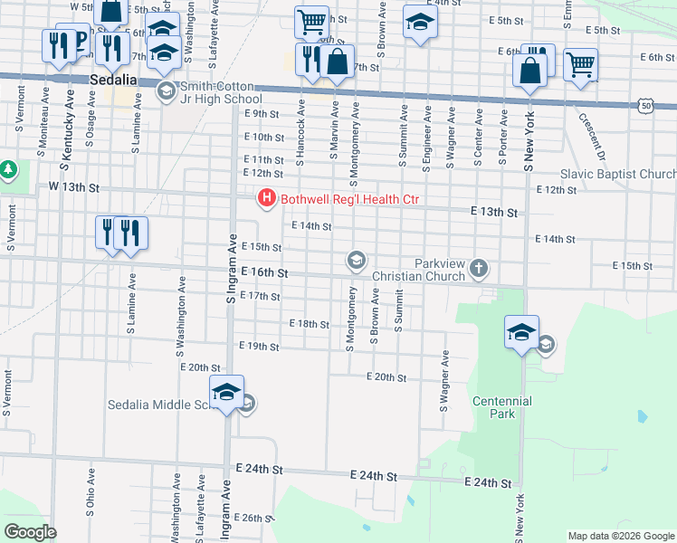 map of restaurants, bars, coffee shops, grocery stores, and more near 853-899 East 16th Street in Sedalia