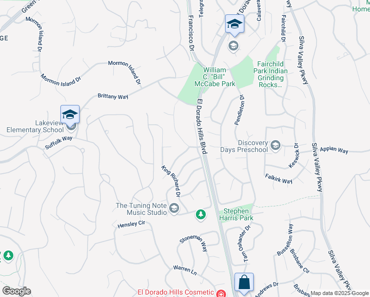 map of restaurants, bars, coffee shops, grocery stores, and more near 987 King Henry Way in El Dorado Hills