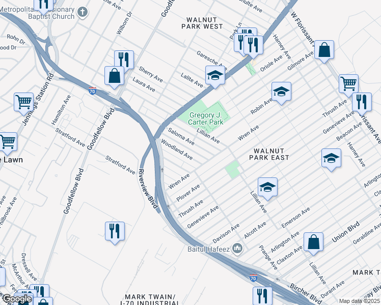 map of restaurants, bars, coffee shops, grocery stores, and more near 5741 Woodland Ave in St Louis