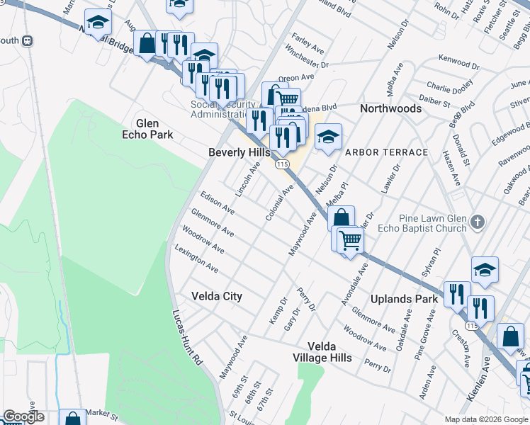 map of restaurants, bars, coffee shops, grocery stores, and more near 7004 Greenway Avenue in St. Louis