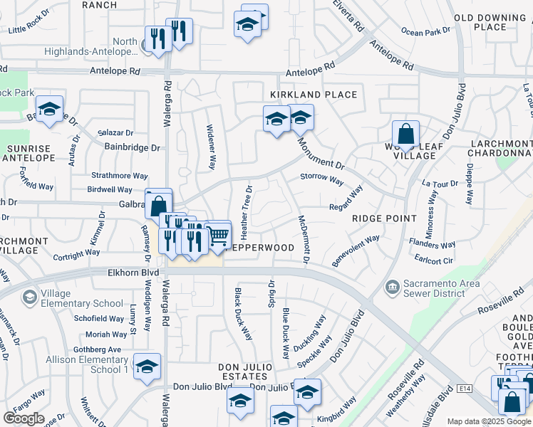 map of restaurants, bars, coffee shops, grocery stores, and more near 7292 Pepperwood Knoll Lane in Sacramento