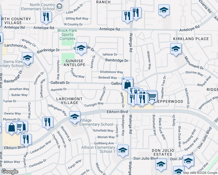 map of restaurants, bars, coffee shops, grocery stores, and more near 4217 Ramsey Drive in North Highlands