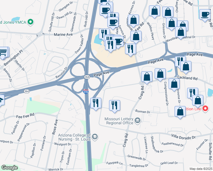 map of restaurants, bars, coffee shops, grocery stores, and more near 12160 Lackland Road in St. Louis