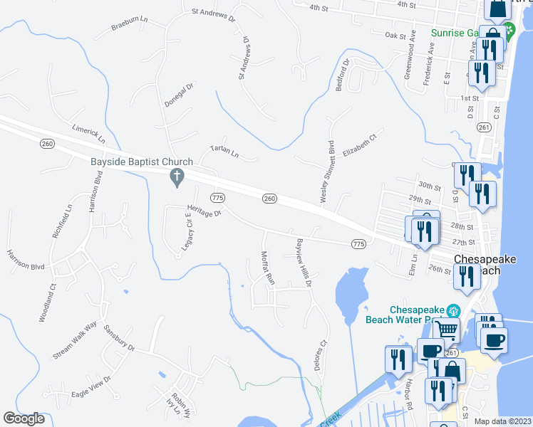 map of restaurants, bars, coffee shops, grocery stores, and more near 3230 Cox Road in Chesapeake Beach