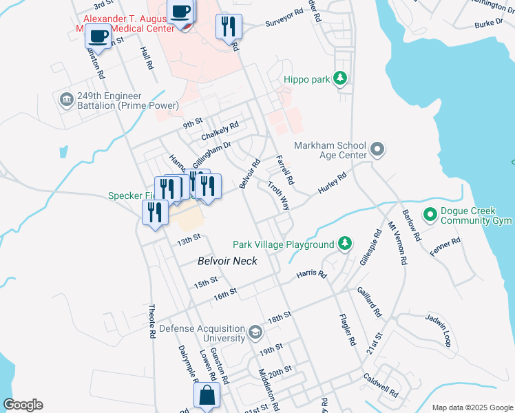 map of restaurants, bars, coffee shops, grocery stores, and more near 9625 Belvoir Road in Fort Belvoir