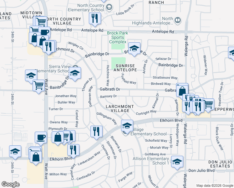 map of restaurants, bars, coffee shops, grocery stores, and more near 3929 Ramsey Drive in North Highlands