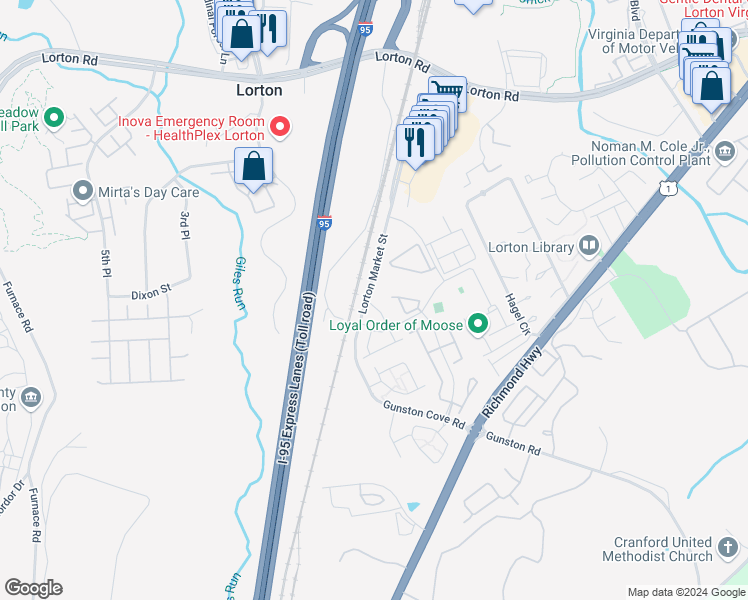 map of restaurants, bars, coffee shops, grocery stores, and more near 9601 Masey McQuire Court in Lorton