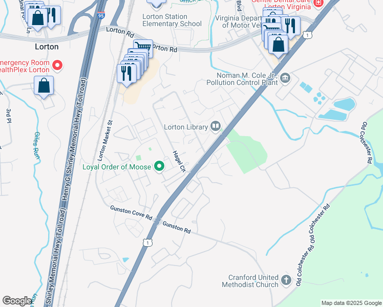 map of restaurants, bars, coffee shops, grocery stores, and more near 9525 Hagel Circle in Lorton