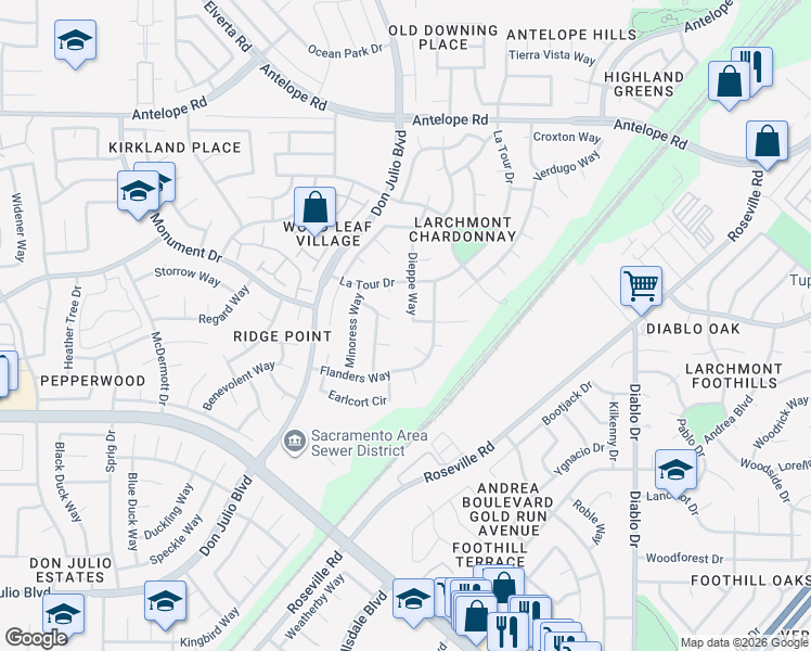 map of restaurants, bars, coffee shops, grocery stores, and more near 5045 Saint Dixier Court in Sacramento
