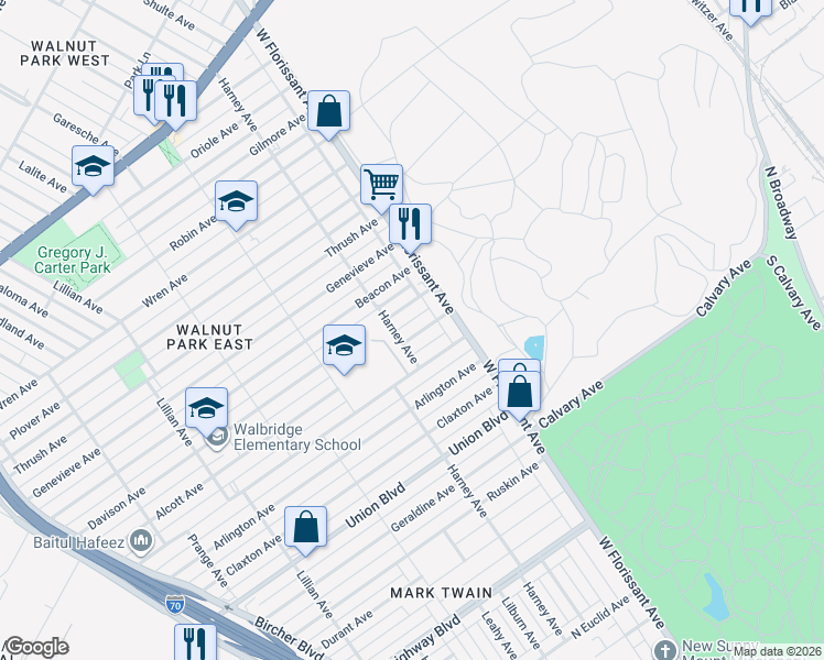 map of restaurants, bars, coffee shops, grocery stores, and more near 5514 Alcott Avenue in St. Louis