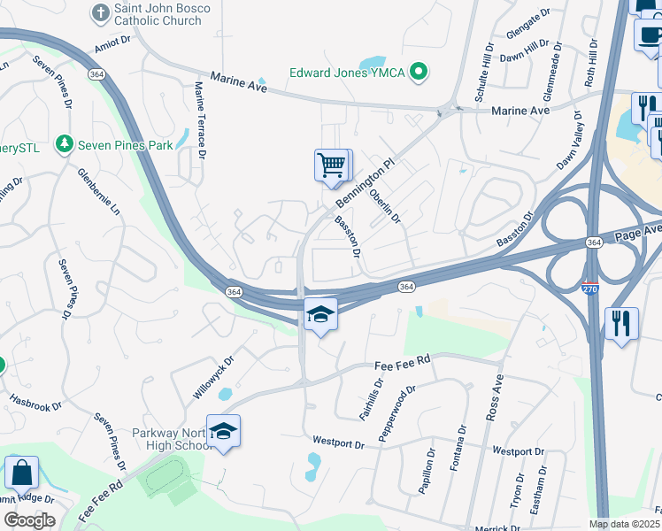 map of restaurants, bars, coffee shops, grocery stores, and more near 12504 Ardwick Lane in St. Louis