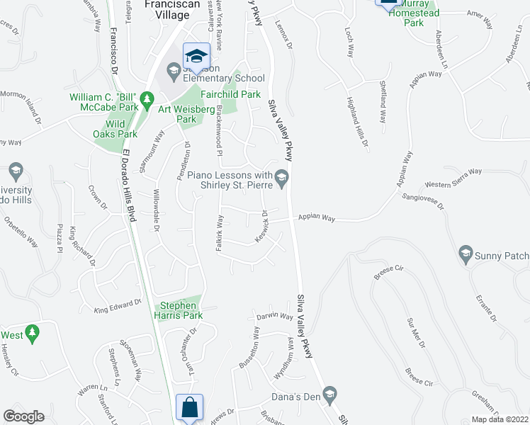 map of restaurants, bars, coffee shops, grocery stores, and more near Keswick Drive in El Dorado Hills