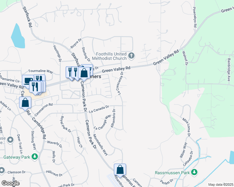 map of restaurants, bars, coffee shops, grocery stores, and more near 2710 La Crescenta Drive in Cameron Park