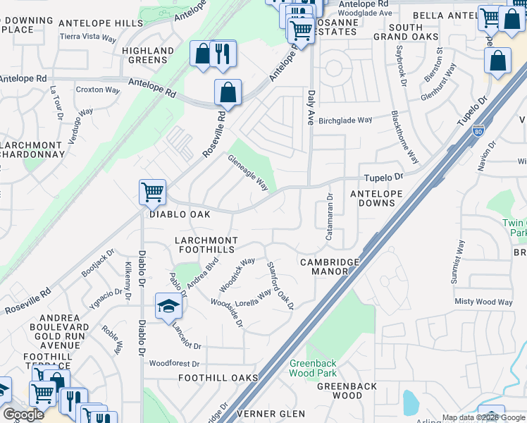 map of restaurants, bars, coffee shops, grocery stores, and more near 7201 Lesterford Court in Sacramento