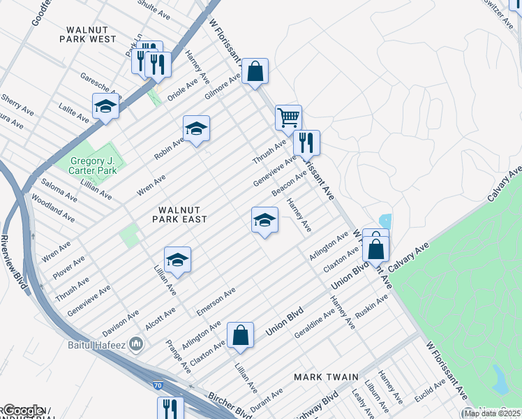 map of restaurants, bars, coffee shops, grocery stores, and more near 5432 Beacon Avenue in St. Louis