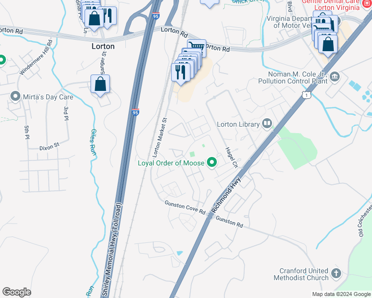 map of restaurants, bars, coffee shops, grocery stores, and more near 8175 Dove Cottage Court in Lorton